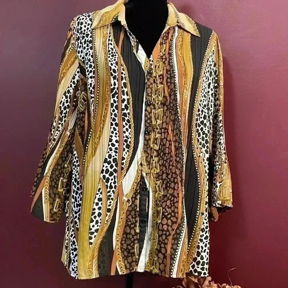 Fashion Bug 1X Animal Print Bell Sleeves Chain Link Print Crinkle Blouse - Picture 1 of 9